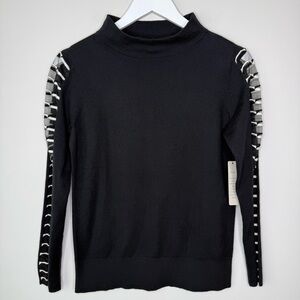 Nic + Zoe | Black Mock Neck Sheer Stripe Sleeve Sweater